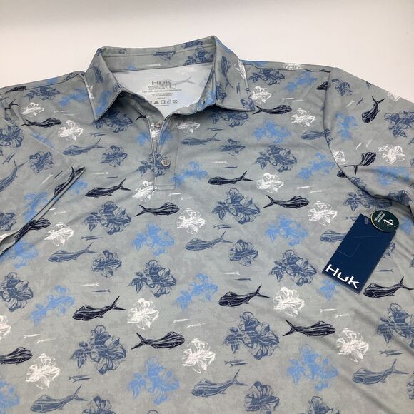 Huk Mens KC Pursuit Printed‎ Whale Pattern Fishing Polo Size Large NWT - Picture 1 of 8
